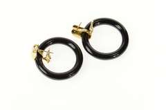 14K Yellow Gold Round Carved Black Onyx Door Knocker Earrings