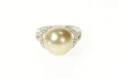 18K White Gold Pearl Diamond Halo Classic Statement Cocktail Ring