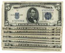 11 Series of 1934 $5 Blue Seal Silver Certificate notes