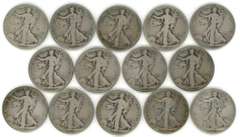 14 Assorted Early Walking Liberty Half Dollars 1917 to 1934-S