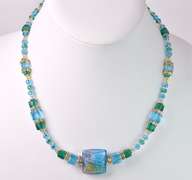 Dazzling Italian Made, Hand Blown Art Glass with Gold Leaf and Gold Plated Links Necklace