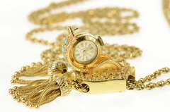 14K Yellow Gold Elaborate Pocket Watch Turquoise Fringe Necklace