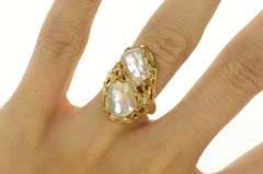 14K Yellow Gold Ornate Branch Tree Pearl Statement Bypass Ring