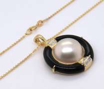 Fancy Yellow Gold Mabe Pearl, Diamond and Black Onyx Pendant on Chain