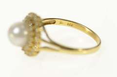 14K Yellow Gold Pearl Diamond Halo Classic Statement Cocktail Ring