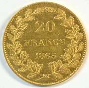 Scarce 1865 Leopold Belgium 20 Francs gold Piece. Nice