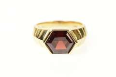 14K Yellow Gold Hexagonal Cut Ornate Garnet Grooved Ring
