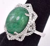 Entrancing approx. 10.25CTS Cabochon-Cut Emerald and White Topaz Ring in Sterling Silver