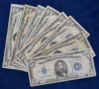 Lot Of 8 $5 Silver Certificates 1934, Circulated.