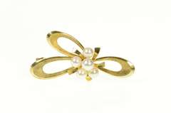14K Yellow Gold Mikimoto Pearl Cluster Bow Ribbon Knot Pin/Brooch
