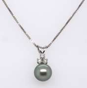 Great White Gold Black Pearl and Diamond Pendant on Chain