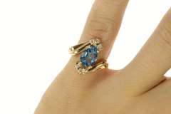 14K Yellow Gold Pear Blue Topaz Diamond Bypass Statement Ring
