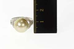 18K White Gold Pearl Diamond Halo Classic Statement Cocktail Ring