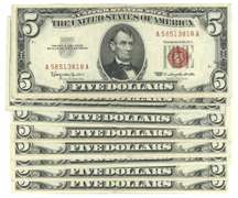 9 Near Crisp Uncirculated 1963 Series $5 Red Seal notes