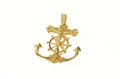 14K Yellow Gold Ornate Cross Anchor Crucifix Nautical Faith Pendant