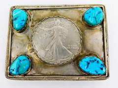 Huge Turquoise Belt Buckle w/1986 Silver Dollar