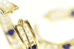 14K Yellow Gold Retro Wide Pearl Lapis Lazuli Statement Hoop Earrings