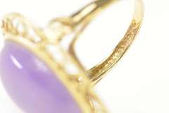 14K Yellow Gold Oval Lilac Jade Cabochon Scroll Filigree Ring