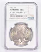 Mint Error MS61 1924 Peace Silver Dollar REV Lamination - Graded NGC