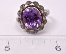 Magnificent Large Amethyst Set in Sterling Silver Ring with Diamond Accents.