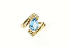 14K Yellow Gold Pear Blue Topaz Diamond Bypass Statement Ring