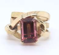 Glowing Yellow Gold Emerald Cut Pink Tourmaline Ring
