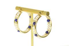 14K Yellow Gold Retro Wide Pearl Lapis Lazuli Statement Hoop Earrings