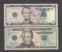 $20 2006 and $5 2009 Matching serial Numbers 33333361 Uncirculated