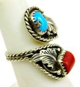 Navajo JJ Sterling Turquoise/Coral Ring, Size 6