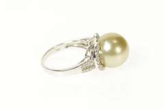 18K White Gold Pearl Diamond Halo Classic Statement Cocktail Ring