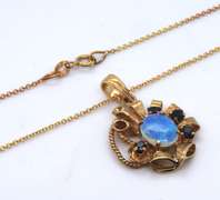 Vintage Yellow Gold Opal and Sapphire Pendant on Chain