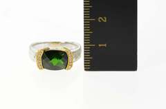 14K White Gold Green Tourmaline Diamond Two Tone Etched Ring