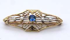 Antique 14kt Yellow Gold Blue Sapphire and Pearl Brooch