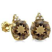 100% SOLID 10KT YELLOW GOLD ROUND SHAPE SMOKEY TOPAZ AND 6 DIAMONDS EARRINGS STUD
