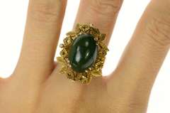 14K Yellow Gold Retro Nephrite Leaf Square Design Cocktail Ring