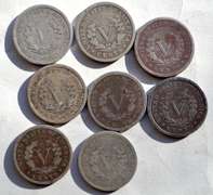 8 Red Near Full/ Full Liberty V Nickels