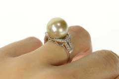 18K White Gold Pearl Diamond Halo Classic Statement Cocktail Ring