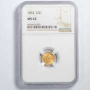 1853 $ 1 US Gold Dollar Type 1 NGC MS 62