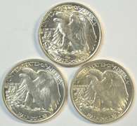 Nearly Gem BU 1945, 1946, & 1947 Walking Liberty Half Dollars