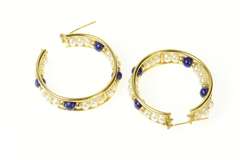 14K Yellow Gold Retro Wide Pearl Lapis Lazuli Statement Hoop Earrings