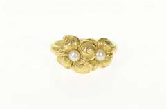 14K Yellow Gold Pearl Dogwood Flower Ornate Statement Ring