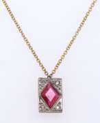 Vintage Yellow Gold Diamond and Ruby Flag Leatter Pendant on Chain