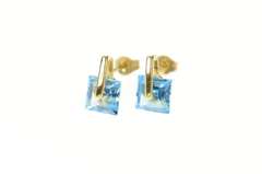 10K Yellow Gold Square Princess Blue Topaz Geometric Stud Earrings