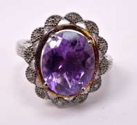 Magnificent Large Amethyst Set in Sterling Silver Ring with Diamond Accents.