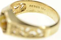 10K Yellow Gold Retro Tiger's Eye Ornate Textured Nugget Ring