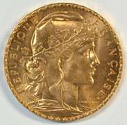 Superb Gem BU 1908 France 20 Francs Gold 'Rooster' coin
