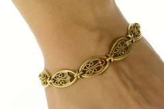 14K Yellow Gold Elaborate Retro Garnet Pearl Filigree Chain Bracelet