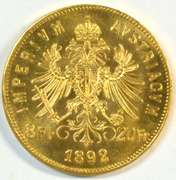 Superb Gem BU 1892 Austria 8 Florin, 20 Francs Gold Coin