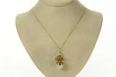 14K Yellow Gold Jade Pearl Ornate Round Pendulum Drop Pendant