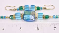 Brilliant One of A Kind Italian Made, Hand Blown Art Glass with Gold Plated Links, Bracelet and Earrings